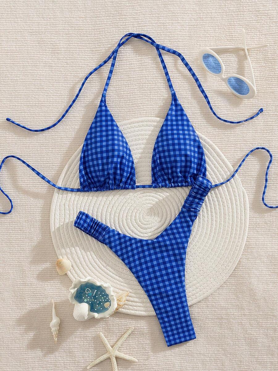 PEPPERMOLLY 新款格子柔软系带露背可爱比基尼，女士夏季沙滩时尚泳装套装度假 - 藍色1 - 查看 1
