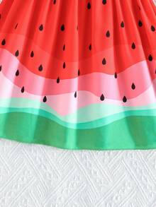 Young Girl Summer New Ruffled Sleeve Ribbed Splice Cute Watermelon Print Fashion Dress - Red - View 6