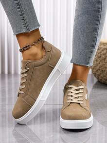 1 Pair Women's Lace-Up Solid Color Round Toe Casual Sneakers, Fashion Versatile Flat Skate Shoes (Please Order 1 Size Up From Your Normal Size) - Khaki - View 4
