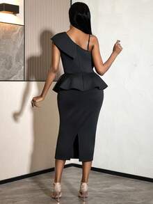 Women Black Chic Asymmetrical Ruffle Hem Bodycon Midi Dress Summer Evening Cocktail - Black - View 8