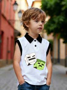 Boys' Cartoon Pattern Cool Style Sleeveless Polo Shirt, Boys' Tank Top, Children's Clothing, New Boys' Spring/Summer Top - Multicolor - View 6