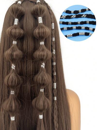 50PCS/Set Alloy Hair Rings Elegant Hollow Out Hair Jewelry With Different Patterns(Shaped Eight,Leaf) For Girls DIY Hair Accessories Loc Hair Jewelry For Braids