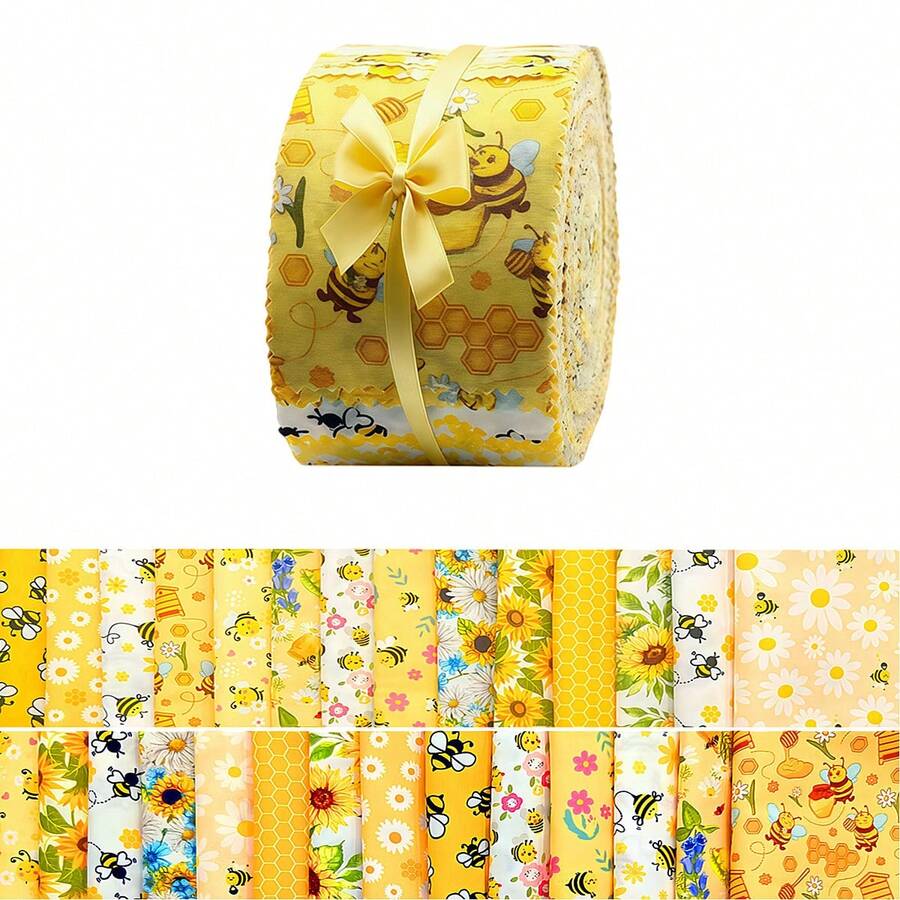 42片6.5*50厘米（2.55*19.7英寸）黄色可爱蜜蜂系列长条绗缝拼布面料，DIY拼布工艺材料，节日庆典的完美选择，娃娃衣服，装饰面料，包包制作面料，床单被套手工材料，工艺品和家居室内装饰。 - 黃色 - 查看 1