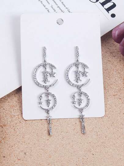 2 piezas Pendientes colgantes de tono plateado con adornos de strass con forma de estrella y luna, estilo bohemio elegante, adecuados para fiestas, reuniones, uso diario, accesorios para el atuendo de Ramadán, Colección 2026