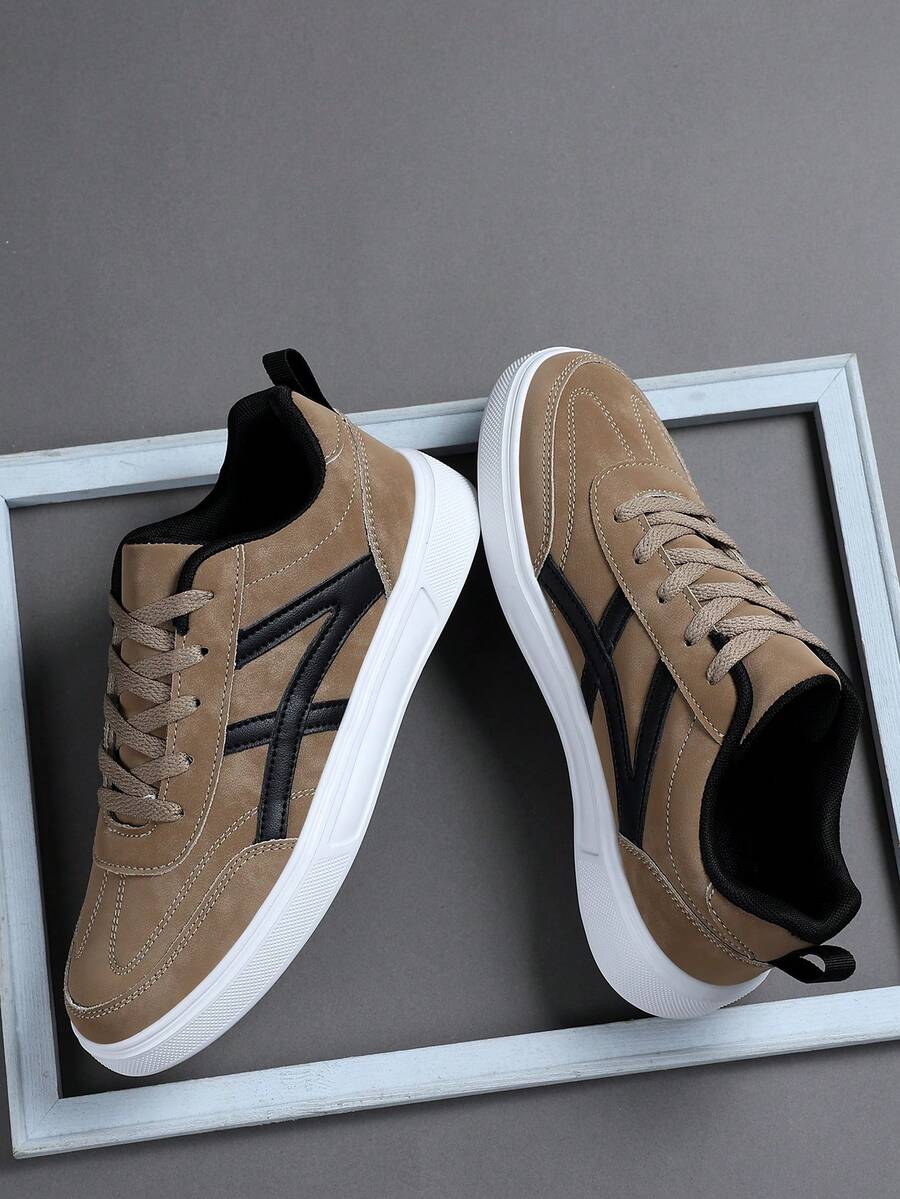 Fashion Casual Men's Flat Platform Shoes,Classic Stylish Men Sports Skate Shoes Lace-Up Running Shoes,Personalized Men Sneakers Street Casual Shoes - Khaki - View 1