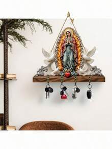 One Virgin Mary-Shaped Wooden Wall-Mounted Key Holder With Multi-Functional Hooks, Bohemian Farmhouse Style (Easy To Install). Can Be Hung On The Wall And Is Suitable For Porches, Rooms, Bedrooms, Cottages, And Various Year-Round Home Decor. - Multicolor - View 3