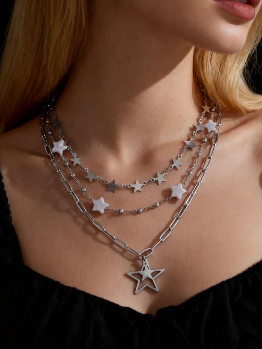 3pcs Dark Aesthetic Faux Pearl Star Pendant Layered Necklace Set For Women