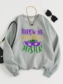Women'S Gras Carnival Crewneck Sweatshirt - "THROW ME Something MISTER" Graphic Pullover With Mask Design, Green & Purple Lettering, Casual Long Sleeve All-Season Top For Gras Parades, Parties & Casual Attire - Festive Party Outfit, Holiday Apparel, Parade Attire, Playful Print, Statement Sweater, Comfortable Fabric, Durable Material, Non-See-Through Fabric, Soft Material, Costume Lovers, Festival Goers, Live Like It'S Grasgifts For Mom-Free Shipping - 淺灰色 - 查看 5