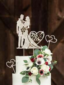 一套金银水晶“先生和夫人”心形蛋糕装饰摆件，双环设计，适用于结婚纪念日、情人节蛋糕装饰 - 彩色 - 查看 3