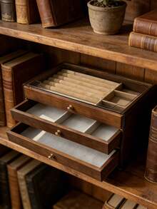 1个豪华胡桃木首饰盒，三层木质首饰收纳盒，带抽屉，亚克力首饰整理架，经典设计，可收纳耳环、戒指、项链、手镯、吊坠，浴室及桌面收纳盒，可堆叠，优雅奢华的妻子礼物展示盒，家居装饰 - 彩色 - 查看 7