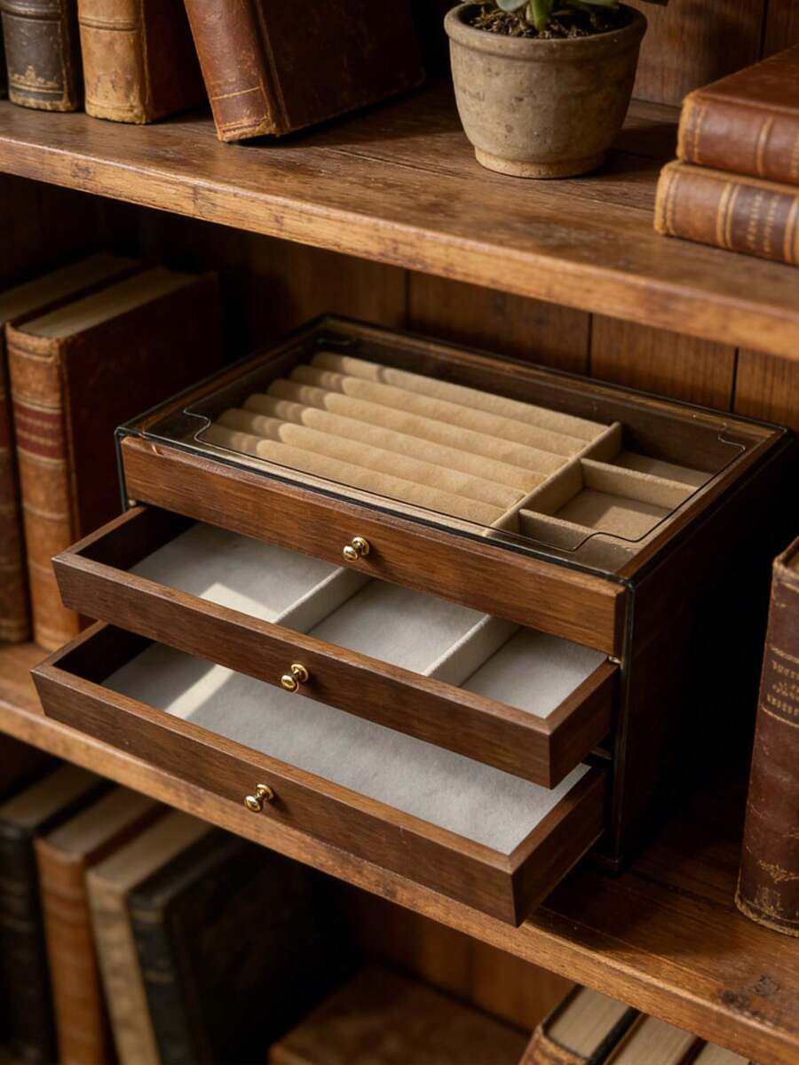 1个豪华胡桃木首饰盒，三层木质首饰收纳整理盒，带抽屉，亚克力首饰展示盒，经典设计，可收纳耳环、戒指、项链、手镯、吊坠，浴室及桌面收纳盒，可堆叠，优雅奢华的妻子礼物盒，家居装饰 - 彩色 - 查看 1