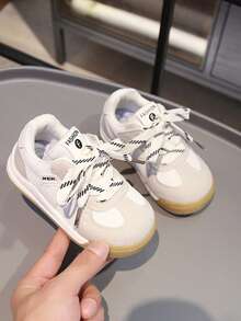 儿童时尚百搭网面透气平底白色运动鞋，休闲轻便舒适，春秋季 - 米色 - 查看 1