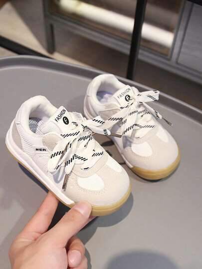 Children's Fashionable Versatile Mesh Breathable Flat White Sneakers, Casual Lightweight Comfortable Casual Shoes, Spring/Autumn