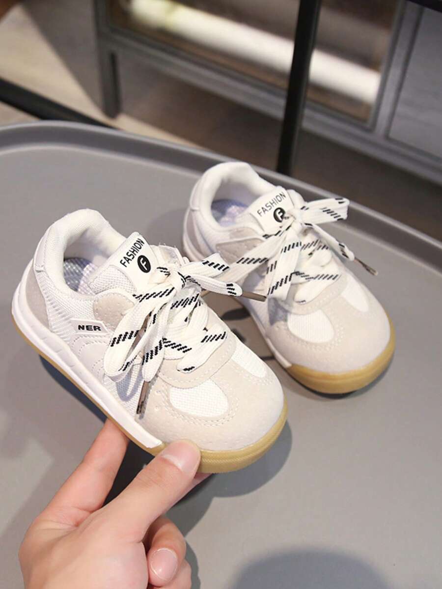 儿童时尚百搭网面透气平底白色运动鞋，休闲轻便舒适，春秋季 - 米色 - 查看 1