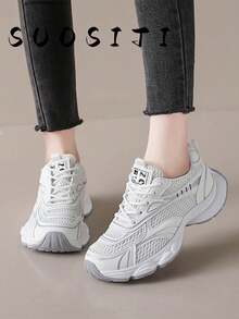 Women's Thick Mesh Increase Height Outdoor Non-Slip Lightweight Fashionable Casual Sports Running Shoes, Autumn - White - View 4