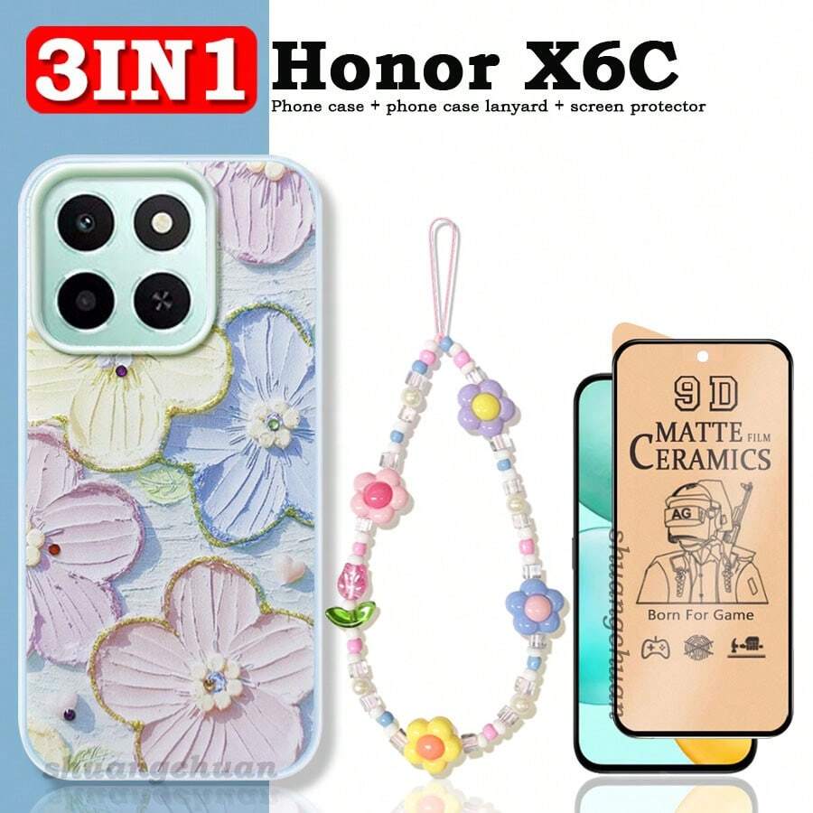 3-In-1 For Honor X6C Phone Case Set: Epoxy Resin Phone Case With Rhinestones, Dual-Layer Protective Cover, Matte Screen Protector, Soft Film, Colorful Floral Beaded Phone Lanyard & Wrist Strap Screen Protection Essentials, Applicable To Daily Shield, Office, Home Daily Shield Office Home Phone Screen Protector Phone Accessories Waterproof Shockproof Anti-Fall Scratch Resistant