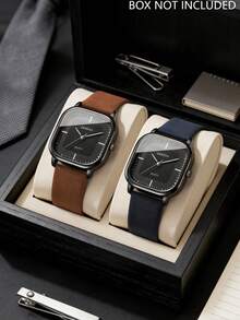 3pcs/Set Retro Minimalist Men's Wrist Watch Set, Featuring Square Dial Design With Blue, Brown And Black Interchangeable Straps. The Elegant Design Makes It Suitable For Daily Commute, Casual Outings And Other Occasions.
