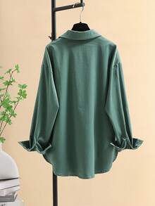 Minimalist Lapel Long Sleeve Loose Women's Shacket, Featuring Shirt Collar And Asymmetric Hem Design Spring - Bean Green - View 2