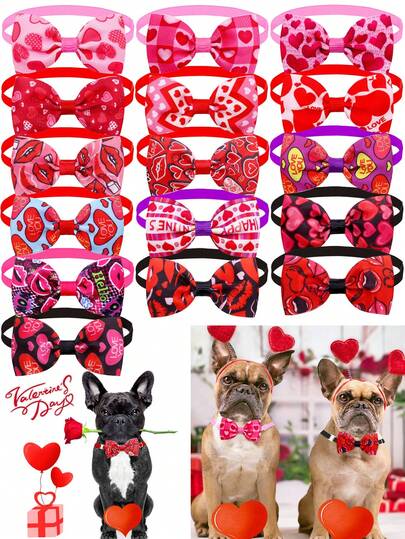 4/20pcs Valentine's Day Love Printed Pet Tie, Love/Lips/LOVE Pattern, Dress Up, Puppy Keep Decoration, Cat And Dog Pet Decoration Supplies, Cute Pet Festival Dress Up Cute Style, Cat And Dog Universal Fashion Accessories, Valentine's Day/Daily Walk/Pet Party Dress Up Artifact