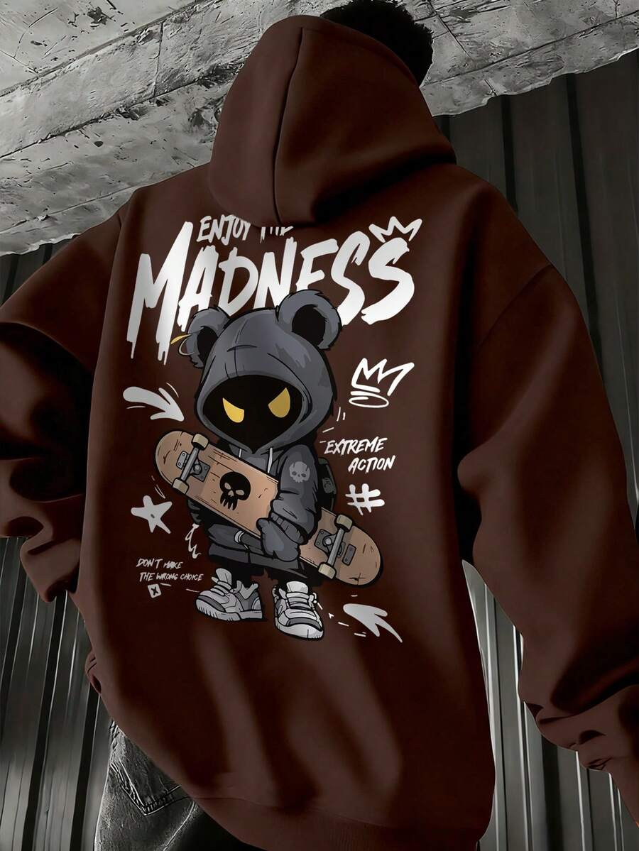 男士休闲时尚街头极限运动卡通印花袋鼠口袋抽绳宽松连帽卫衣，秋冬款 - 棕色 - 查看 1