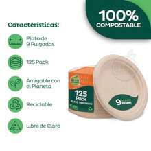 CYPN125 Platos Grandes 100% Compostables Material de Alta Calidad Resistentes a los Liquidos Ecológico Hecho de Fibras de Caña de Azúcar de 22.5 cm 9 Pulgadas Color NaturalFashion - 221160560 - Ver 3