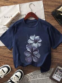 1pc Tween Girls Floral Print Short Sleeve T-Shirt, Student Youth Clothing, Summer Top For Tween Girl - Navy Blue - View 4