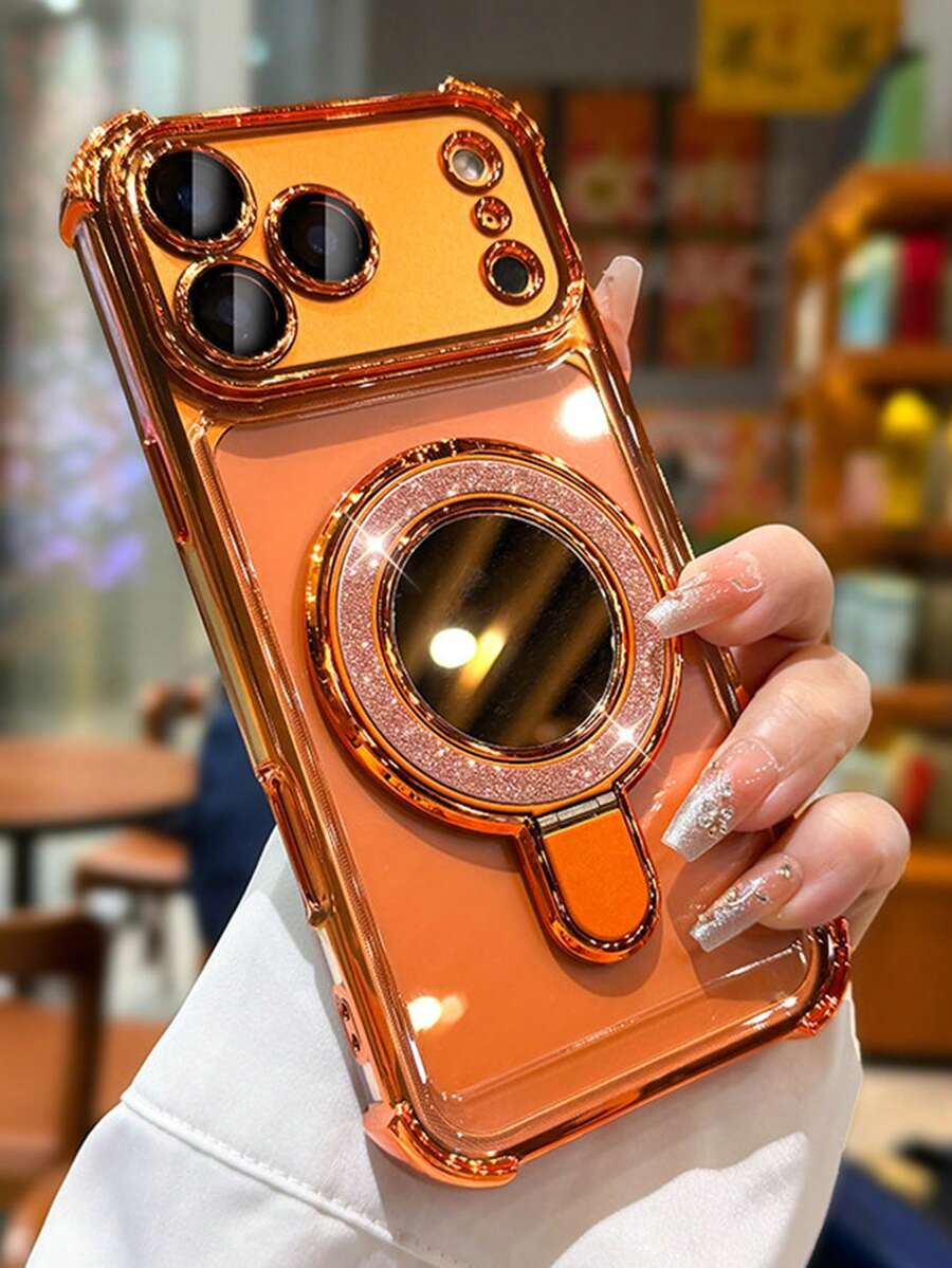 奢华电镀闪粉透明支架手机壳，兼容 17 Pro Max、17 Pro、17、16 Pro Max、16 Pro、16、16、15 Pro Max、15 Pro Max、15 Pro、15 Pro Max、14 Pro、13 Pro Max、12 Pro Max、11，时尚电镀透明摄像头保护后盖