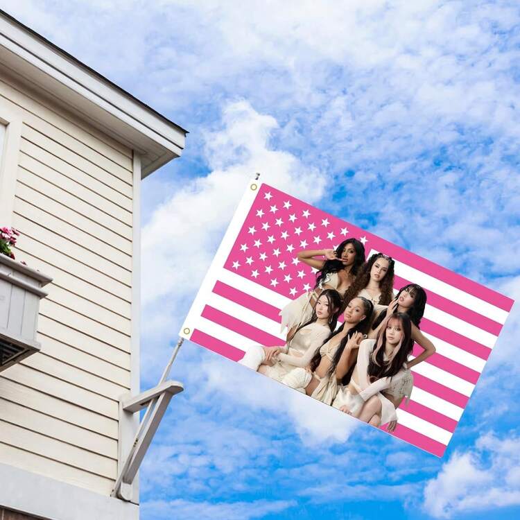 Katseye Pink American Flag Tapestry, Polyester Wall Hanging , Single-Side Print For Bedroom Studio Decor - Black - View 3