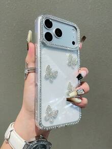 1pc Shiny Transparent Pink Butterfly Decor Full Coverage Phone Case, Compatible With IPhone 17/17 Air/17 Pro/17 Pro Max/16 15, 16 Pro Max; Luxury Phone Case, Compatible With IPhone 13, 14, 12 Pro Max, 11; Shock-Absorbing TPU Protective Cover, Waterproof, Anti-Fall, Anti-Scratch - Clear - View 3