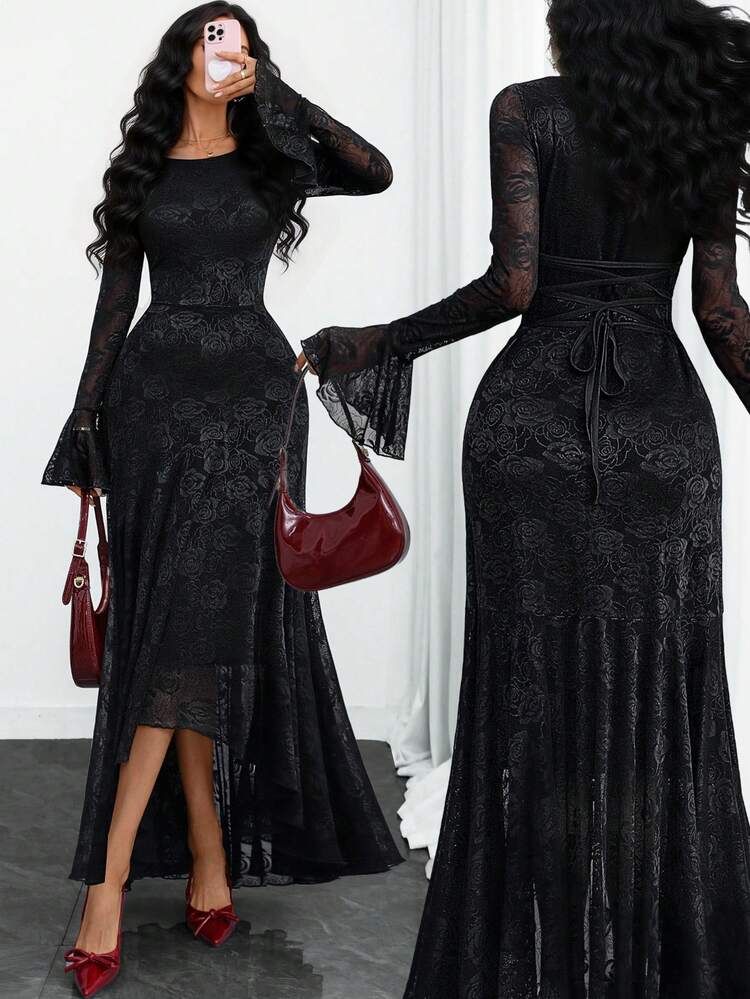 Denna eleganta damklänning är inspirerad av fransk stil, med en romantisk och sexig vintagekänsla. Den har en åtsittande midja, dragsko baktill, detaljer i rosa spetsjacquard, dubbla volanger, kronbladsfärgade ärmar och en asymmetrisk fåll. Den är perfekt för dejter, semestrar och vardagskläder. Svart vår - Svart - Visa 7