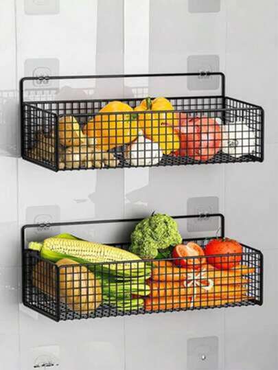 1/2/3pcs Wall Mounted Storage Rack, Kitchen Organizer Shelf, Multifunctional Storage Basket, No Drill Needed, Suitable For Bathroom And Kitchen Organization, Great For Shampoo, Soap And Essentials