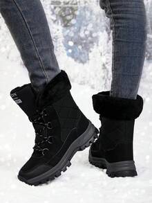 大码女式高帮防滑加厚羊毛冬靴 女式冬靴 女式保暖过膝靴 女式中筒靴 女式户外徒步靴 女式加厚羊毛运动靴 女式时尚系带黑色雪地靴 - 黑 - 查看 5