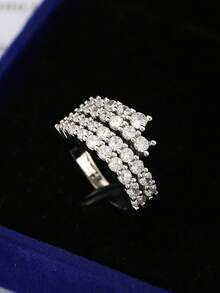 1件简约时尚线条立方氧化锆戒指 女士银戒指 新娘婚礼配饰 派对新款时尚首饰 - 銀色 - 查看 13