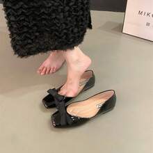 2025 Primavera Nuevos Elegantes Mocasines de Punta Cuadrada Pequeña con Lazo para Viajeros Versátiles Suela Suave Superficie Suave Boca Poco Profunda Zapatos Individuales - Negro - Ver 8