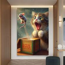 Framed 1pc Wooden Framed Humorous Cat And Mouse Canvas    High Quality Wall Art Prints Poster Direct Hanging Wall Picture Decor For Home Gifts, Christmas Gift, Living Room, Bathroom, Bedroom, Kitchen - Framed - 查看 2