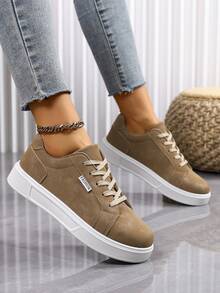 1 Pair Women's Lace-Up Solid Color Round Toe Casual Sneakers, Fashion Versatile Flat Skate Shoes (Please Order 1 Size Up From Your Normal Size) - Khaki - View 3