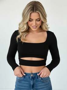 Elegant Women's Long-Sleeved Cropped Top With Front Cutout - Black - View 3