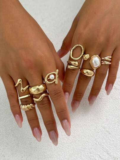 11 Pcs/Set Fashionable Metallic Geometric Hollow Liquid Abstract Water Drop Design Open Rings, Retro Boho Baroque Faux Pearl Decor Ring Set, Women Fashion Jewelry Set For Daily Outfit, Beach Holiday And Party Accessories