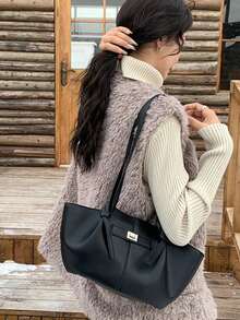 时尚大容量梯形设计奢华PU皮革女士单肩包，设计师款别致锁扣手提包，高品质腋下包 - 黑色 - 查看 12