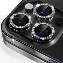 9H钢化玻璃相机镜头保护膜，带金属装饰环（黑色镶钻），兼容 11-15 Pro Max，全覆盖，防水，防震，防刮，防指纹 - 黑色 - 查看 25