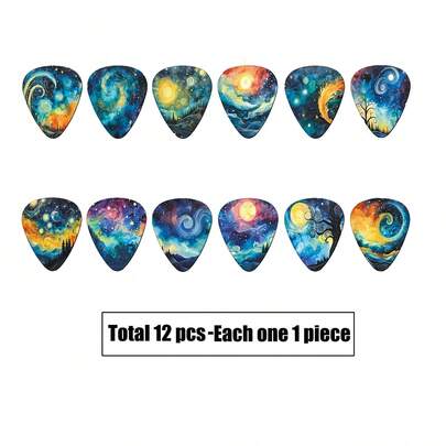 Set de 12 púas de guitarra - Opciones de grosor de 0.46/0.71/0.96 mm, 12 diseños únicos, accesorios de instrumento con tema de cielo estrellado vibrante, púas para ukelele, bajo, guitarra eléctrica, regalo para amantes de la música y coleccionistas, diseño enérgico