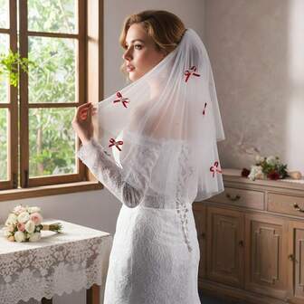 1件双层红色爱心蝴蝶结薄纱新娘头纱，婚礼，情人节，结婚登记头饰