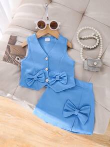 2件套女童优雅纯色蝴蝶结装饰吊带背心和短裤套装，夏季