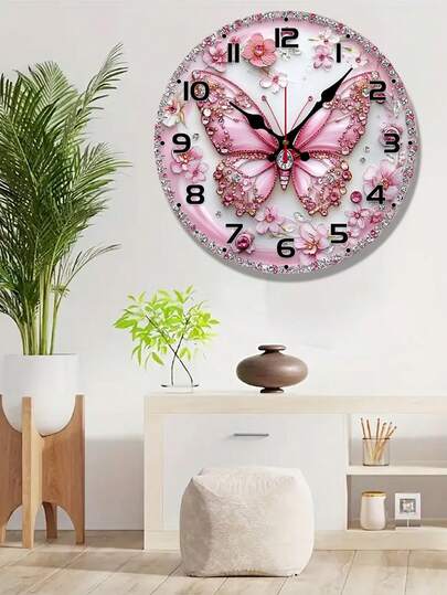 Charming Diamond Butterfly Wooden Wall Clock, Adorned With Soft Pink And Blue Floral Patterns - Modern Home Decor Art, Suitable For Living Room, Bedroom, Kitchen, Office - Ideal Gift For Valentine's Day, New Year, Birthday, Butterfly Themed Decoration