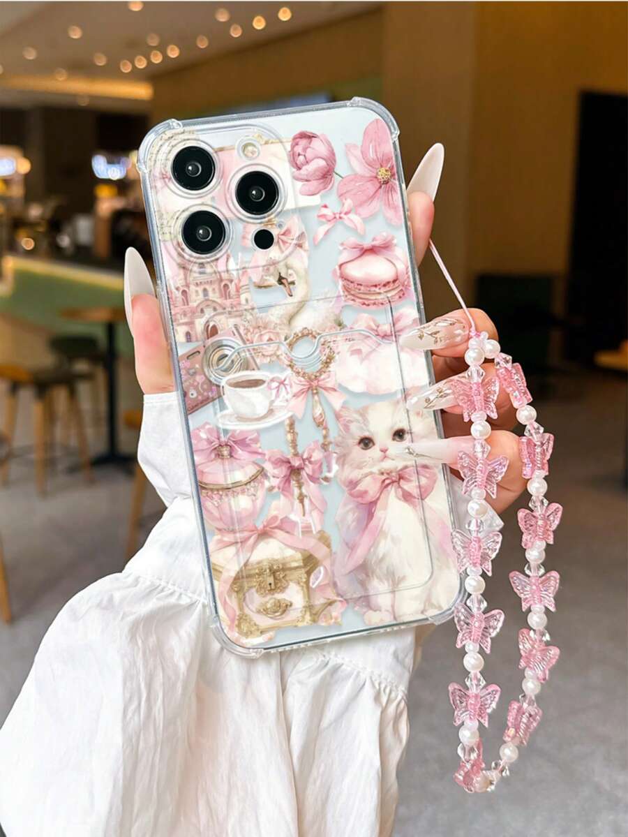 1pc Cute Cat Themed Girly Palace Style Shockproof TPU Phone Case With Lanyard, Compatible With IPhone 16/16 Pro Max, 15, 11, 12, 13, 14, XR, XS, Pro, Max, 13 Pro Max, 15 Plus, 17, 17 Pro Max, Air And Other Models, Card Slot - Pink - View 1