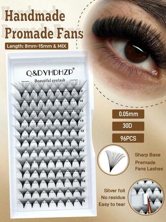 96根0.05毫米8-15混合预制浓密睫毛簇30D单根睫毛细尖底预制俄式浓密睫毛嫁接睫毛簇眼睫毛簇单根睫毛假睫毛
