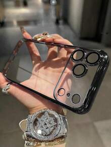 Hadaasi 1pc Black Luxury Camera Protection Electroplated Clear Phone Case Compatible With IPhone 17 Pro Max Air 16 15 14 13 12 11 Pro Max Plus 16E PC Back Cover - Black - View 3