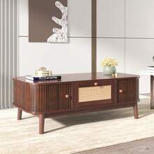 Coffee Table - Rattan Coffee Table, Drawers With Rattan And Sliding Doors With Solid Wood Slats, Solid Wood Legs, Natural Country Style. - Natural - View 6