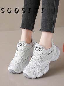 Women's Thick Mesh Increase Height Outdoor Non-Slip Lightweight Fashionable Casual Sports Running Shoes, Autumn - White - View 1