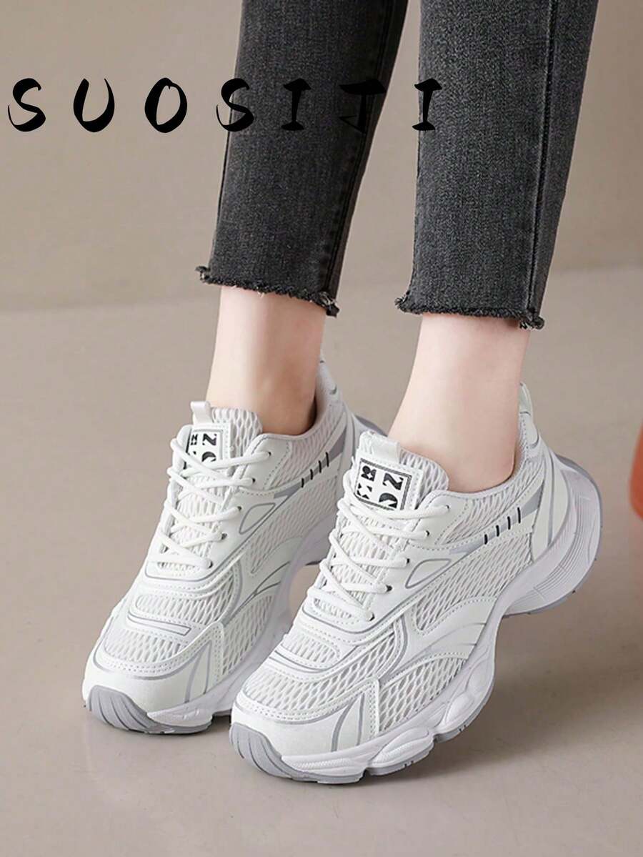 Women's Thick Mesh Increase Height Outdoor Non-Slip Lightweight Fashionable Casual Sports Running Shoes, Autumn - White - View 1